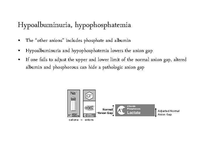 Hypoalbuminuria, hypophosphatemia • The “other anions” includes phosphate and albumin • Hypoalbuminuria and hypophosphatemia