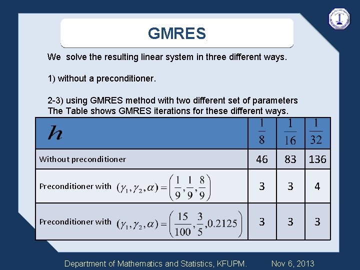 GMRES We solve the resulting linear system in three different ways. 1) without a