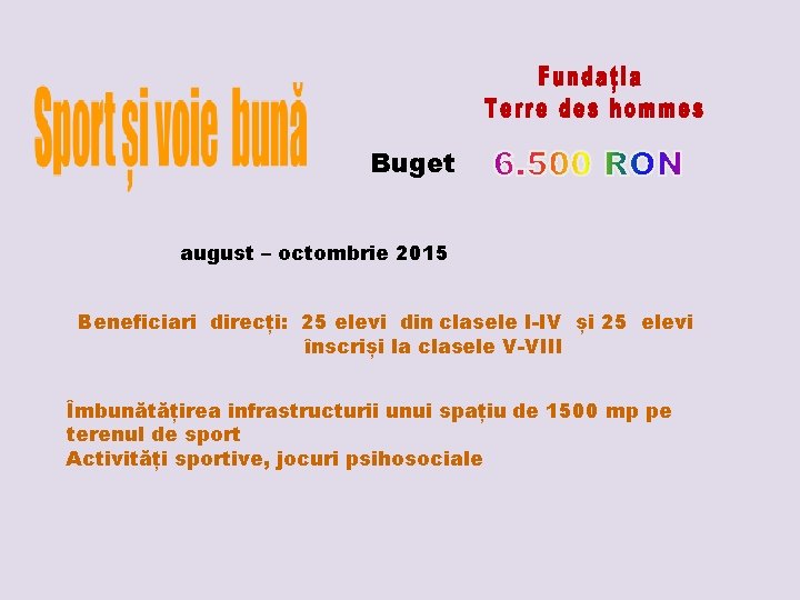 Buget august – octombrie 2015 Beneficiari direcți: 25 elevi din clasele I-IV și 25