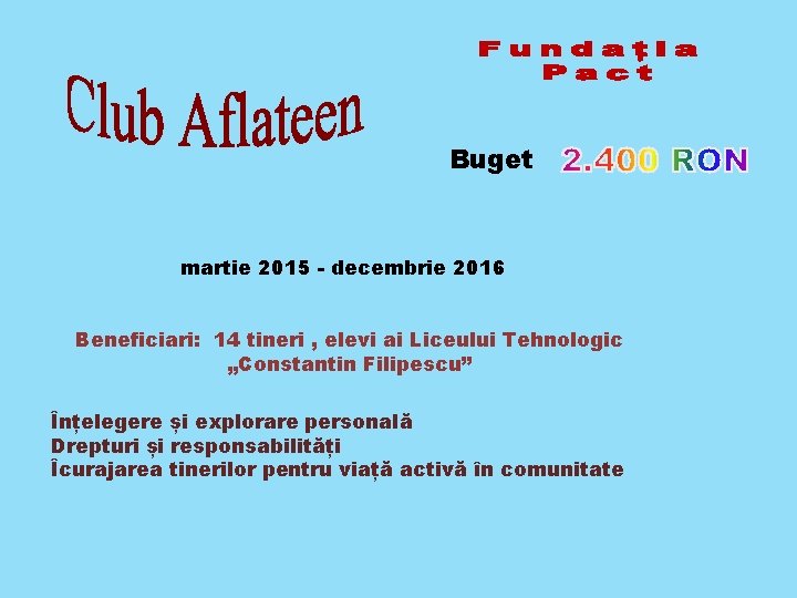 Buget martie 2015 - decembrie 2016 Beneficiari: 14 tineri , elevi ai Liceului Tehnologic