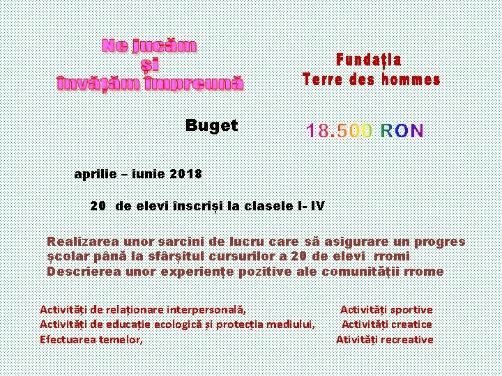 Buget aprilie – iunie 2018 20 de elevi înscriși la clasele I- IV Realizarea