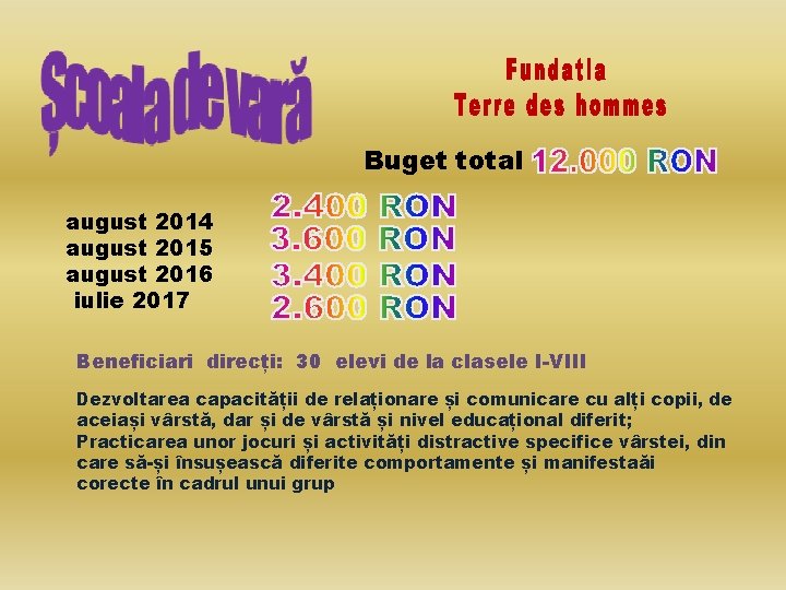 Buget total august 2014 august 2015 august 2016 iulie 2017 Beneficiari direcți: 30 elevi