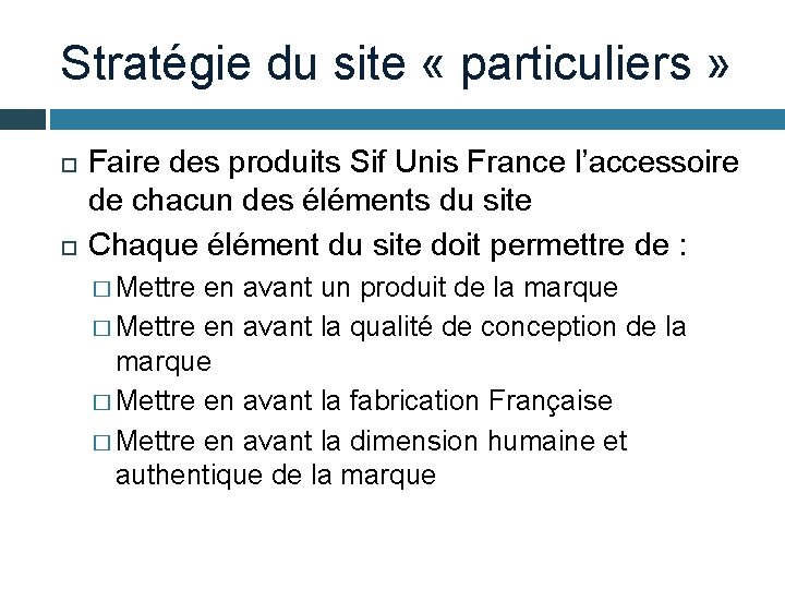 Stratégie du site « particuliers » Faire des produits Sif Unis France l’accessoire de