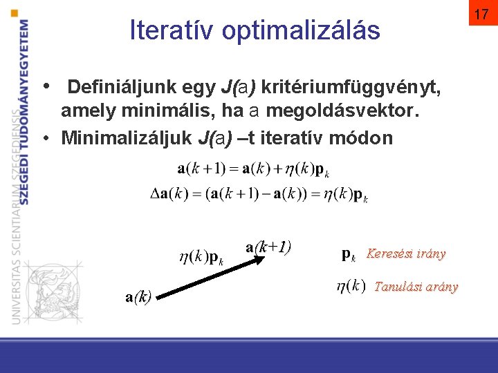 Iteratív optimalizálás • Definiáljunk egy J(a) kritériumfüggvényt, amely minimális, ha a megoldásvektor. • Minimalizáljuk