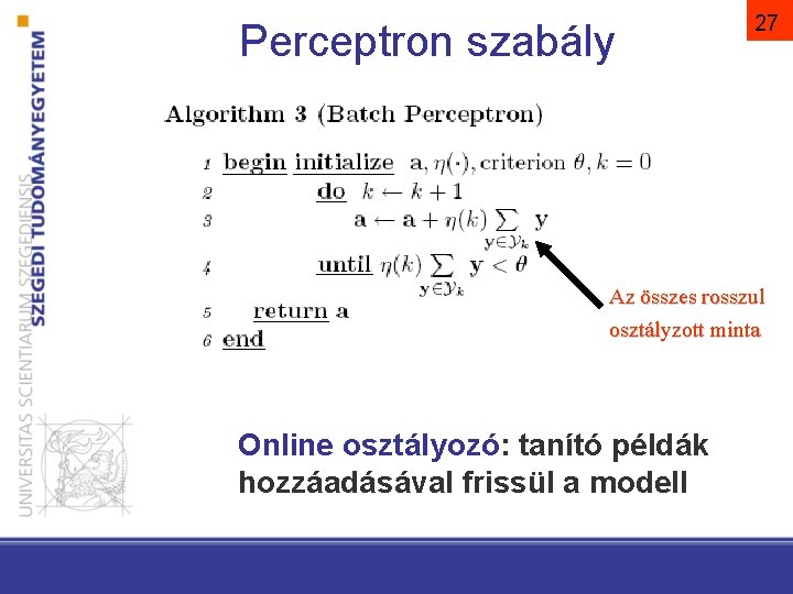 Perceptron szabály 27 Az összes rosszul osztályzott minta Online osztályozó: tanító példák hozzáadásával frissül