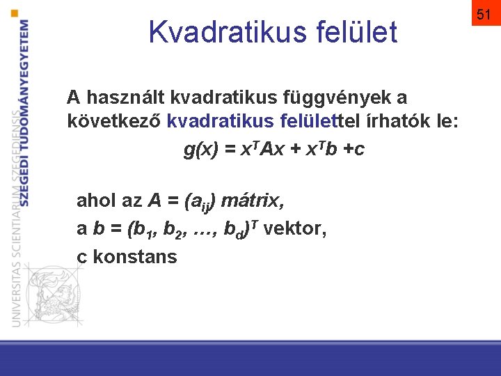 Kvadratikus felület A használt kvadratikus függvények a következő kvadratikus felülettel írhatók le: g(x) =