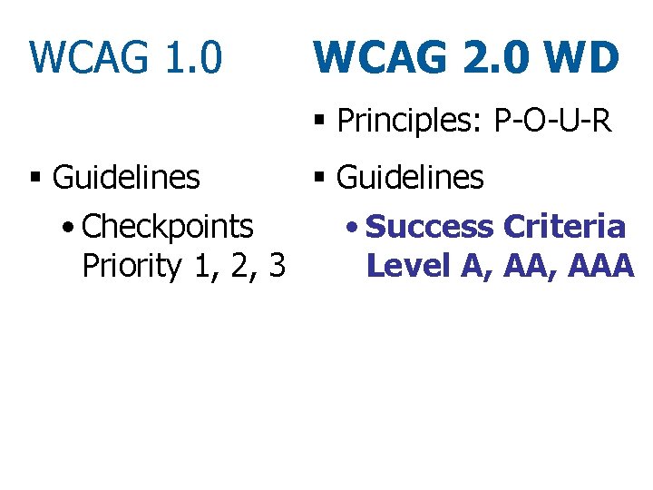 WCAG 1. 0 WCAG 2. 0 WD § Principles: P-O-U-R § Guidelines • Checkpoints