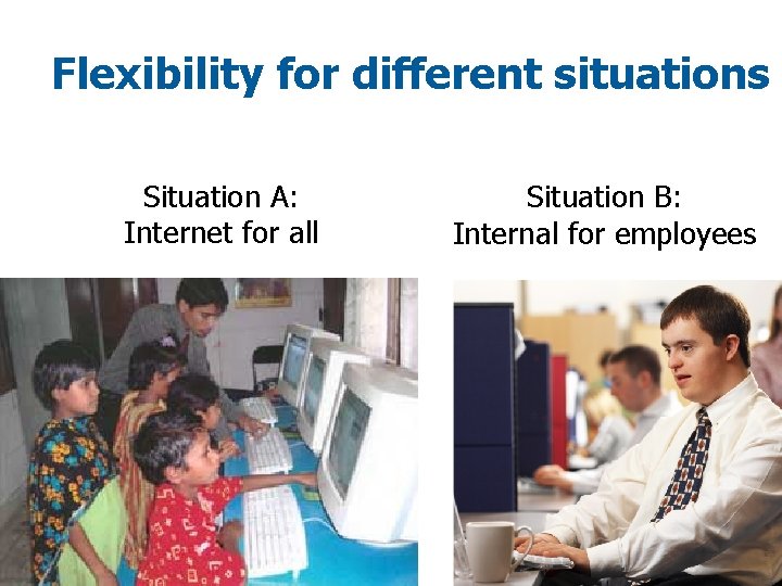 Flexibility for different situations Situation A: Internet for all Situation B: Internal for employees