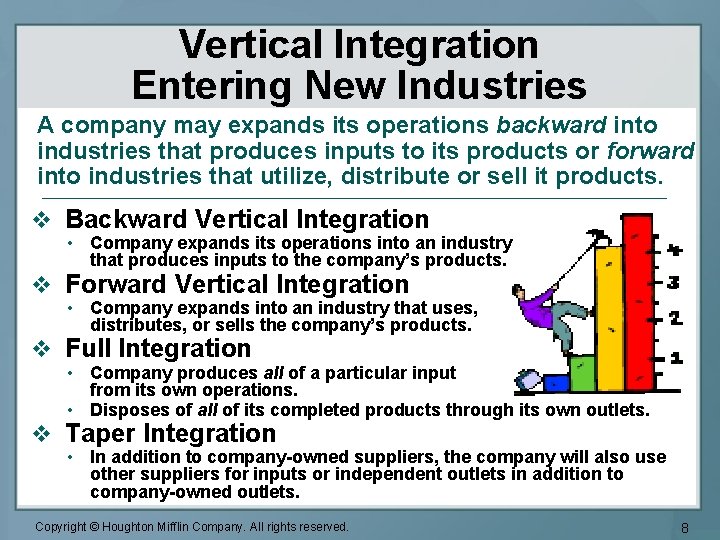 Vertical Integration Entering New Industries A company may expands its operations backward into industries