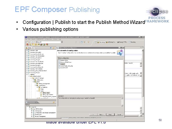EPF Composer Publishing • Configuration | Publish to start the Publish Method Wizard •