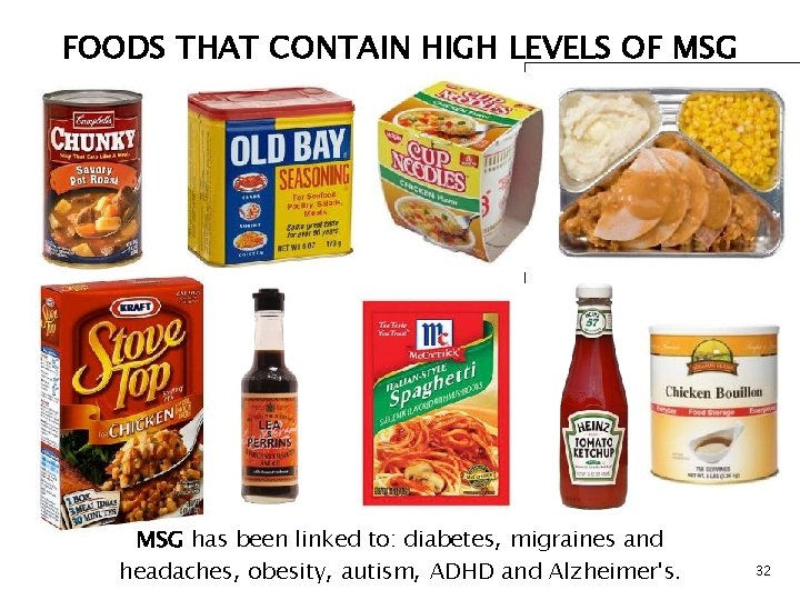 FOODS THAT CONTAIN HIGH LEVELS OF MSG has been linked to: diabetes, migraines and