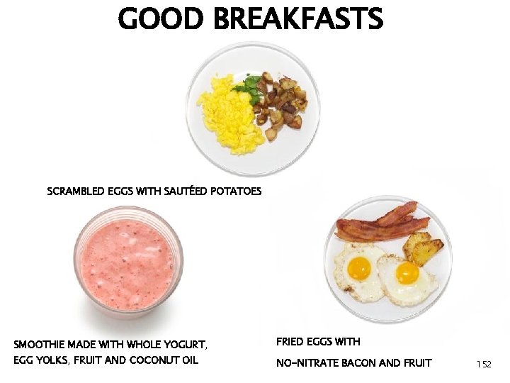 GOOD BREAKFASTS SCRAMBLED EGGS WITH SAUTÉED POTATOES SMOOTHIE MADE WITH WHOLE YOGURT, FRIED EGGS