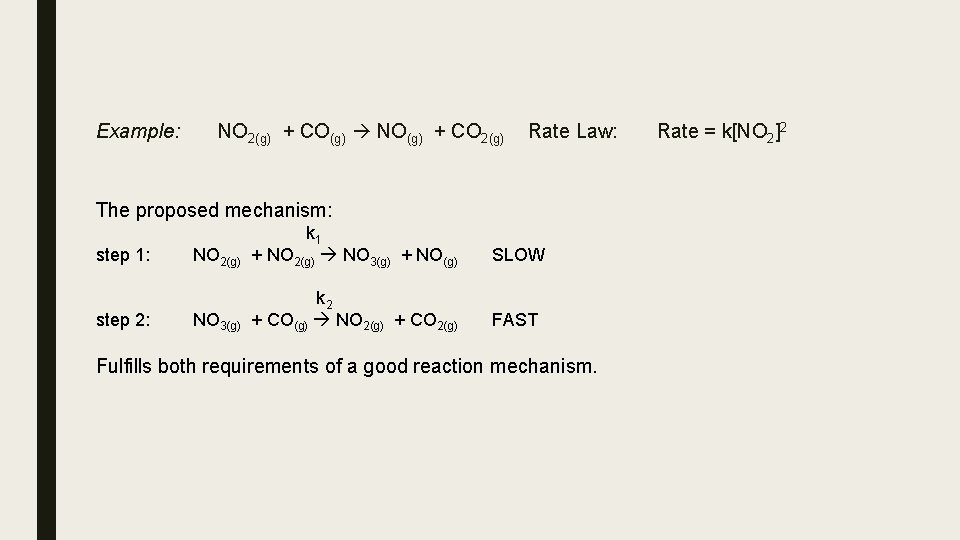 Example: NO 2(g) + CO(g) NO(g) + CO 2(g) Rate Law: The proposed mechanism: