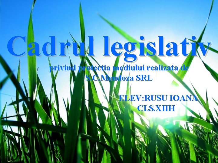 Cadrul legislativ privind protectia mediului realizata de S. C. Mendoza SRL ELEV: RUSU IOANA