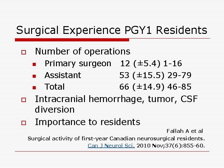 Surgical Experience PGY 1 Residents o Number of operations n n n o o
