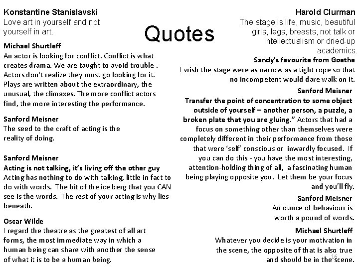 Konstantine Stanislavski Love art in yourself and not yourself in art. Harold Clurman The
