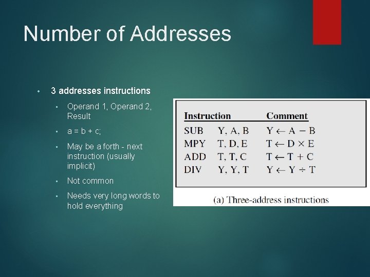 Number of Addresses • 3 addresses instructions • Operand 1, Operand 2, Result •