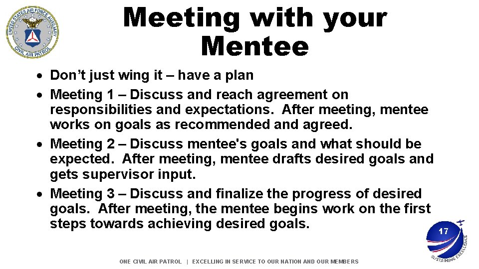 Meeting with your Mentee Don’t just wing it – have a plan Meeting 1