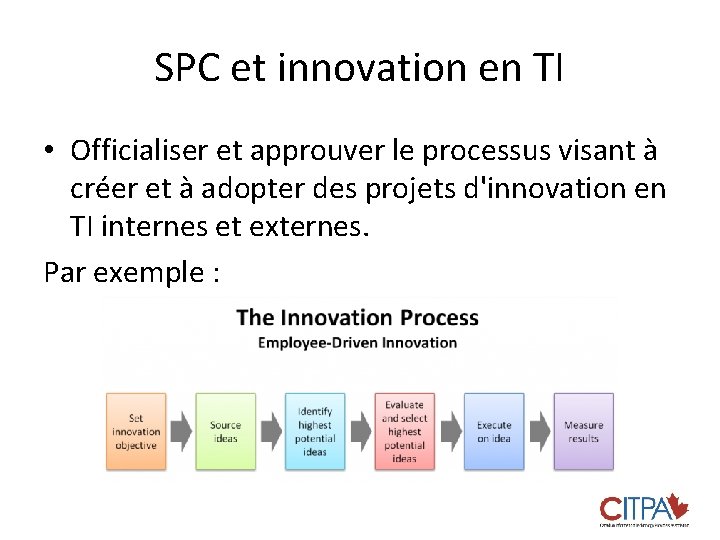 SPC et innovation en TI • Officialiser et approuver le processus visant à créer