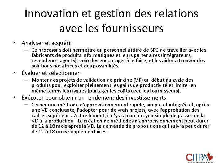 Innovation et gestion des relations avec les fournisseurs • Analyser et acquérir – Ce
