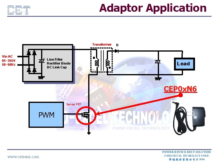 Adaptor Application Transformer Vin AC 85~265 V 50~60 Hz D + Line Filter Rectifier