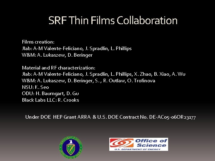 SRF Thin Films Collaboration Films creation: Jlab: A-M Valente-Feliciano, J. Spradlin, L. Phillips W&M: