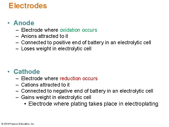 Electrodes • Anode – – Electrode where oxidation occurs Anions attracted to it Connected