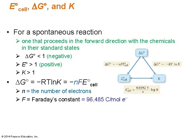 E°cell, DG°, and K • For a spontaneous reaction Ø one that proceeds in