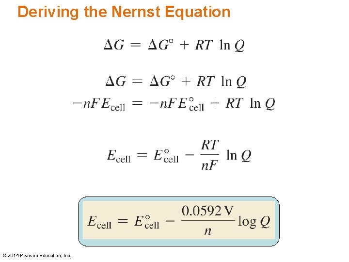 Deriving the Nernst Equation © 2014 Pearson Education, Inc. 