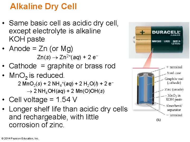 Alkaline Dry Cell • Same basic cell as acidic dry cell, except electrolyte is