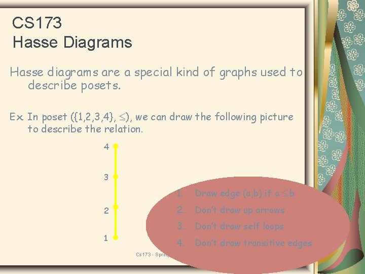 CS 173 Hasse Diagrams Hasse diagrams are a special kind of graphs used to