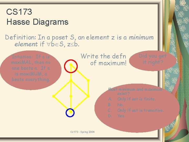 CS 173 Hasse Diagrams Definition: In a poset S, an element z is a
