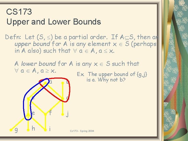 CS 173 Upper and Lower Bounds Defn: Let (S, ) be a partial order.
