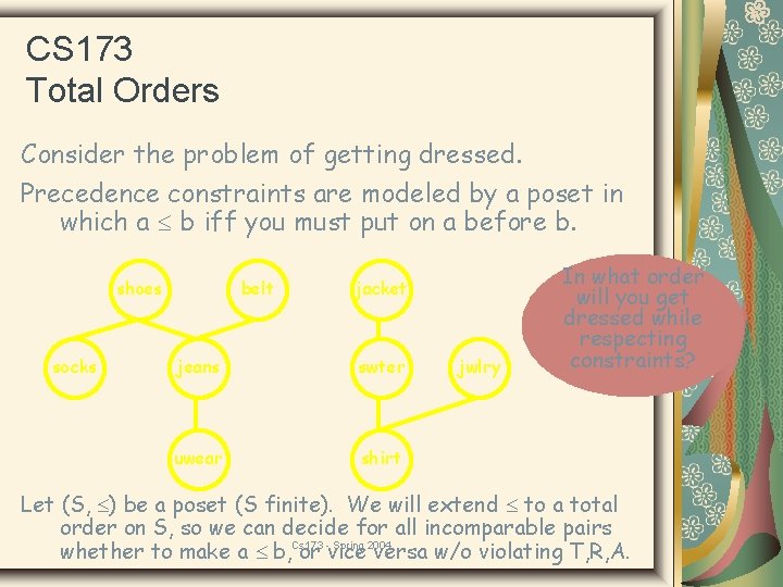 CS 173 Total Orders Consider the problem of getting dressed. Precedence constraints are modeled