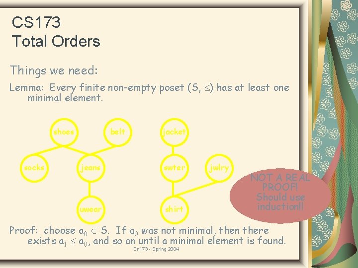 CS 173 Total Orders Things we need: Lemma: Every finite non-empty poset (S, )