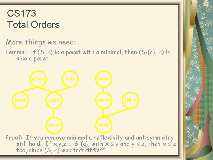 CS 173 Total Orders More things we need: Lemma: If (S, ) is a