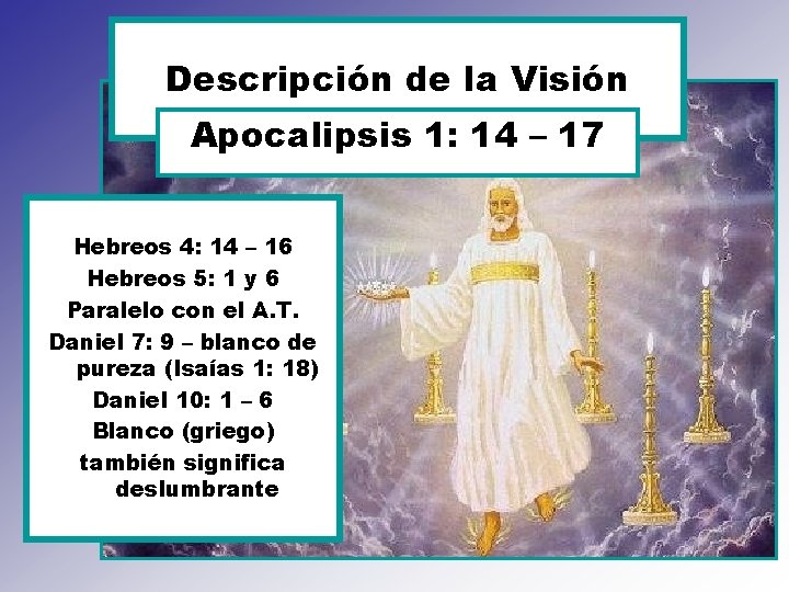 Descripción de la Visión Apocalipsis 1: 14 – 17 Hebreos 4: 14 – 16