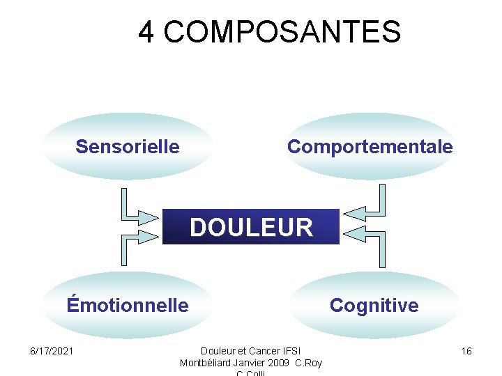 4 COMPOSANTES Sensorielle Comportementale DOULEUR Émotionnelle 6/17/2021 Douleur et Cancer IFSI Montbéliard Janvier 2009