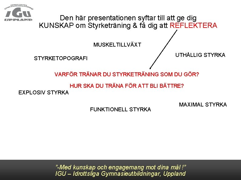 Den här presentationen syftar till att ge dig KUNSKAP om Styrketräning & få dig