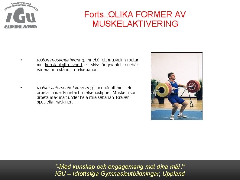 Forts. . OLIKA FORMER AV MUSKELAKTIVERING • Isoton muskelaktivering: Innebär att muskeln arbetar •