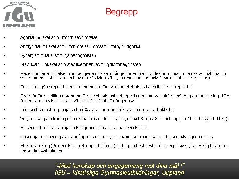 Begrepp • Agonist: muskel som utför avsedd rörelse • Antagonist: muskel som utför rörelse