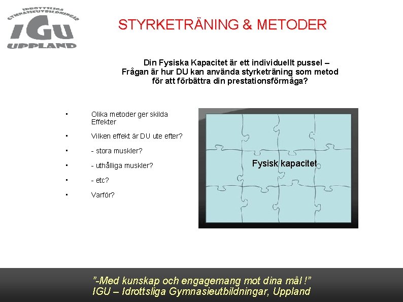 STYRKETRÄNING & METODER Din Fysiska Kapacitet är ett individuellt pussel – Frågan är hur