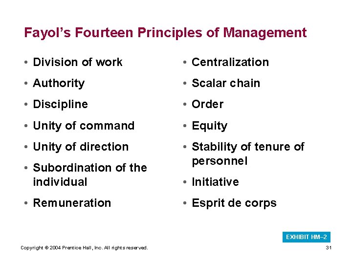 Fayol’s Fourteen Principles of Management • Division of work • Centralization • Authority •