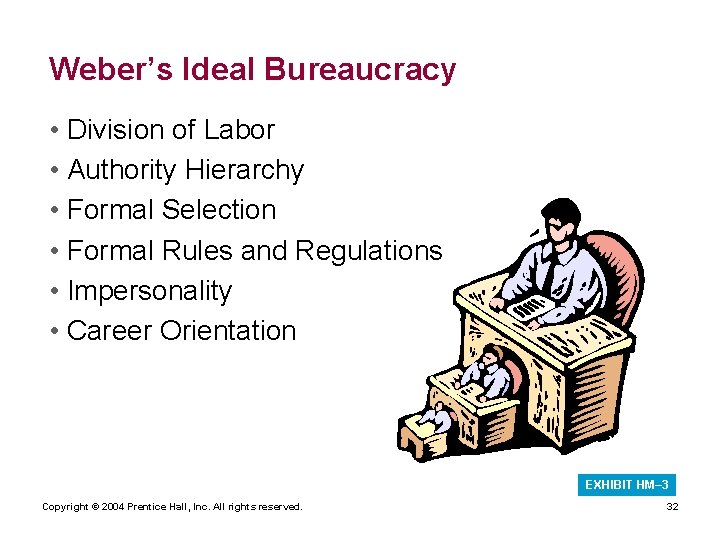 Weber’s Ideal Bureaucracy • Division of Labor • Authority Hierarchy • Formal Selection •