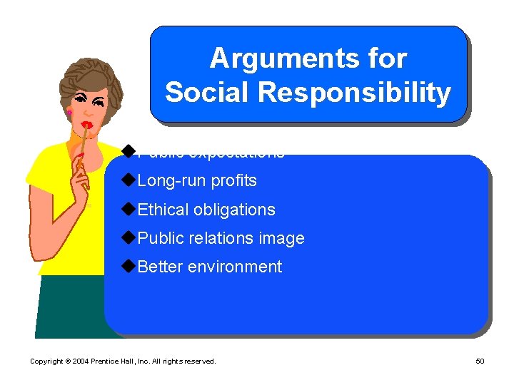 Arguments for Social Responsibility u. Public expectations u. Long-run profits u. Ethical obligations u.
