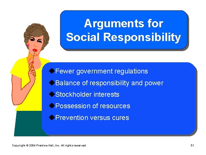 Arguments for Social Responsibility u. Fewer government regulations u. Balance of responsibility and power