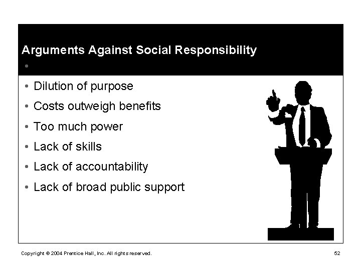 Arguments Against Social Responsibility • Violation of profit maximization • Dilution of purpose •