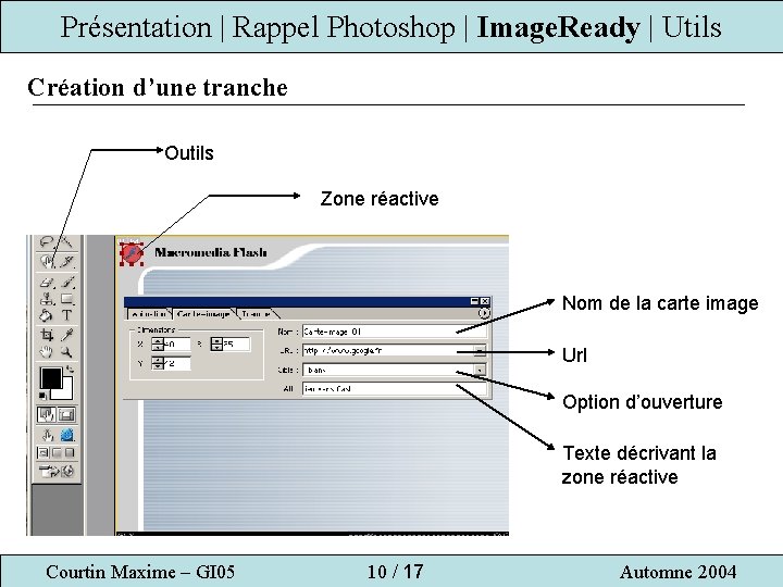 Présentation | Rappel Photoshop | Image. Ready | Utils Création d’une tranche Outils Zone