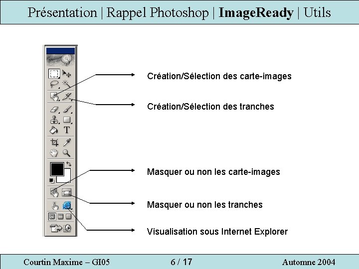 Présentation | Rappel Photoshop | Image. Ready | Utils Création/Sélection des carte-images Création/Sélection des