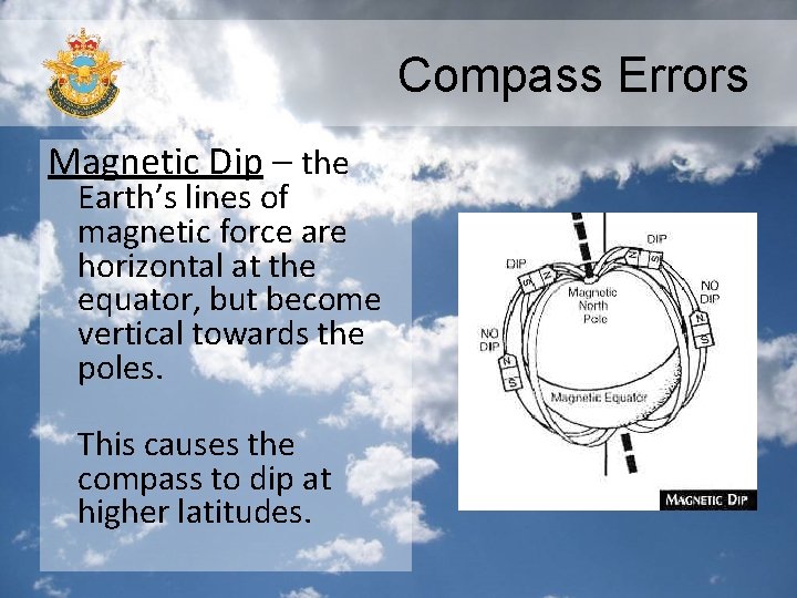 Compass Errors Magnetic Dip – the Earth’s lines of magnetic force are horizontal at